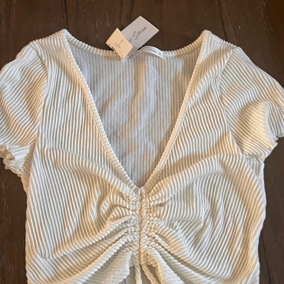 Cream Ribbed Ruched Blouse - Picture 2 of 7